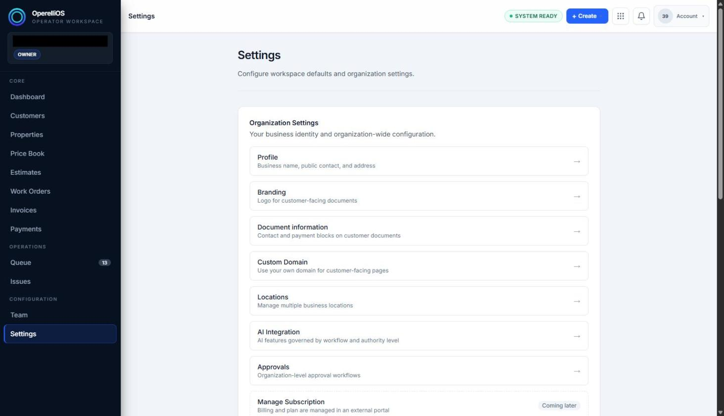 Settings landing page showing Organization Settings section cards