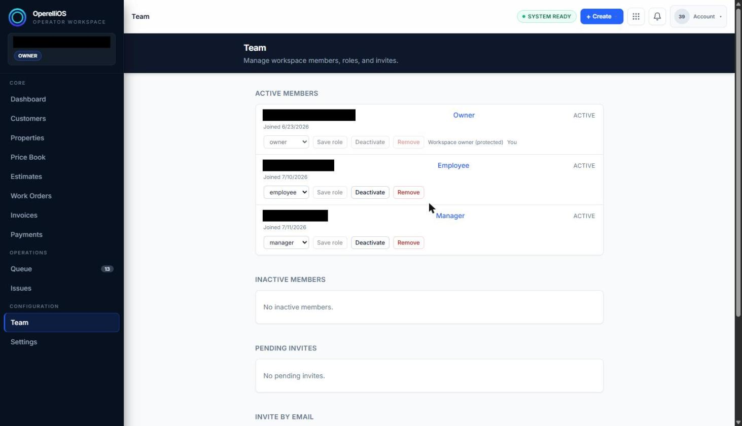 Team Active members list with role selectors and status labels