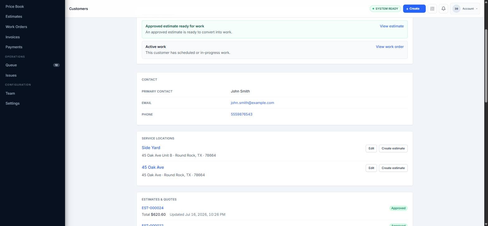 Customer profile listing two linked service locations