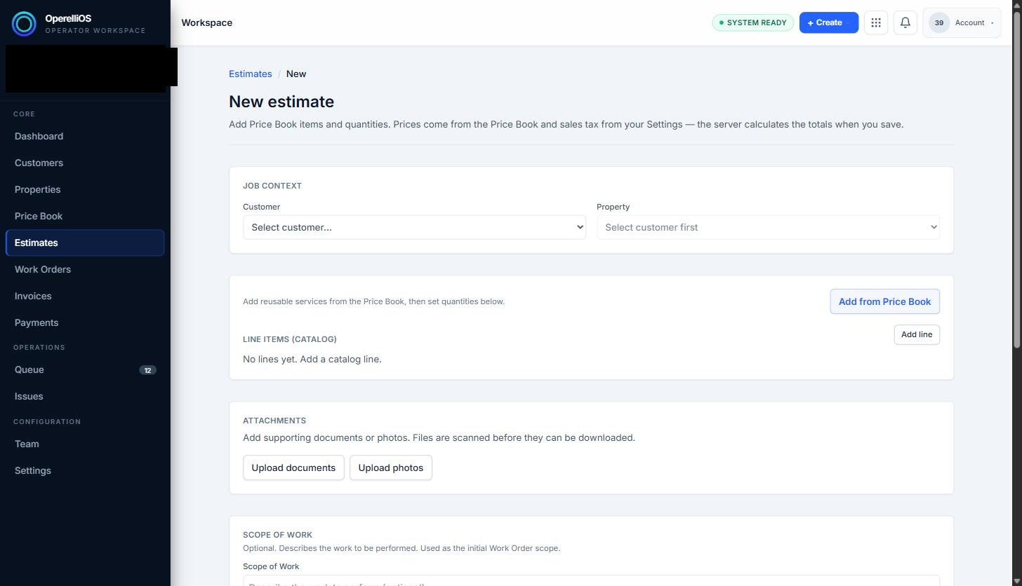 New estimate page with empty Job context section