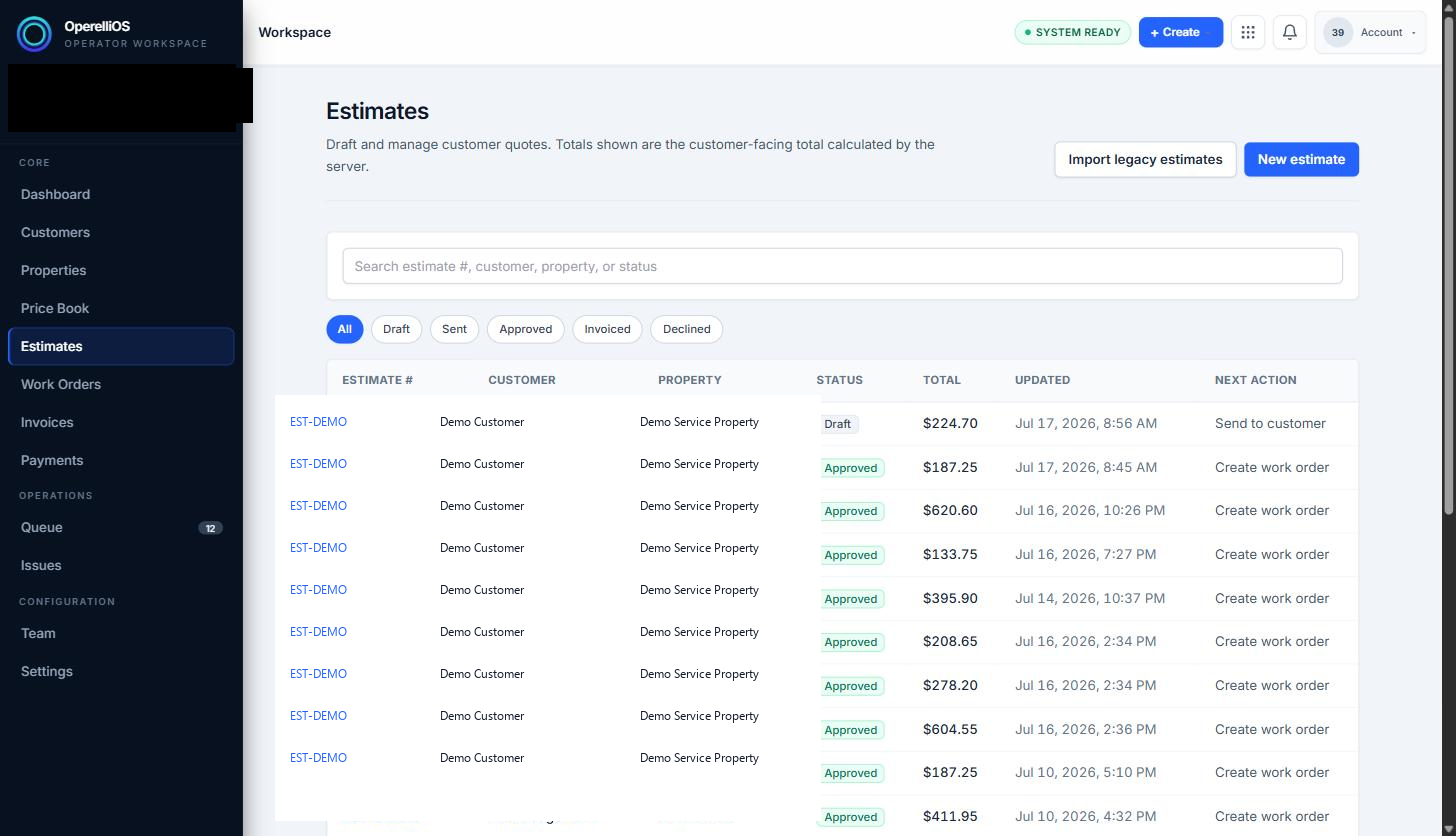 Estimates list with status filters and synthetic demo rows