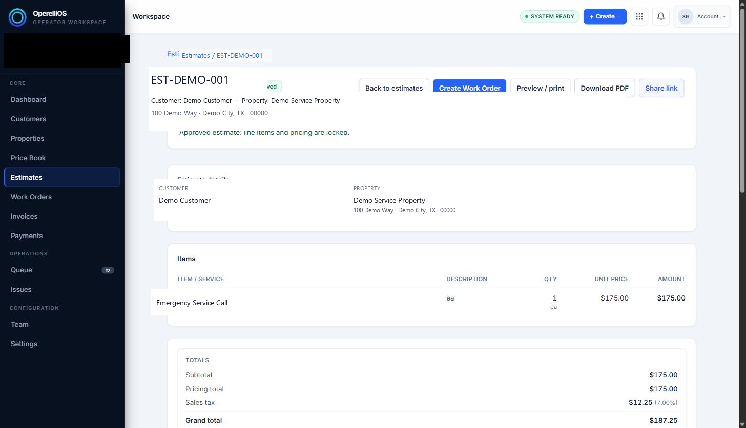 Approved estimate detail with locked pricing note