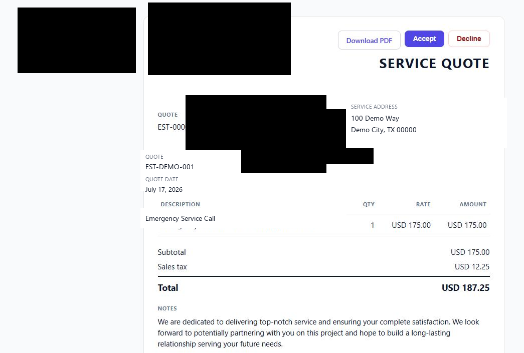Customer-facing public proposal layout with identity redacted