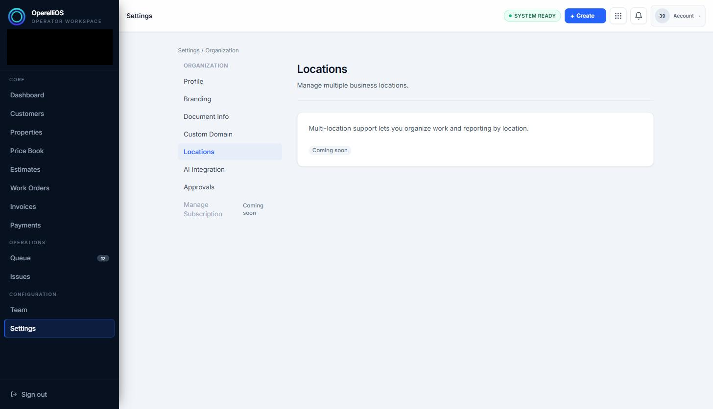 Organization Locations settings page marked Coming soon