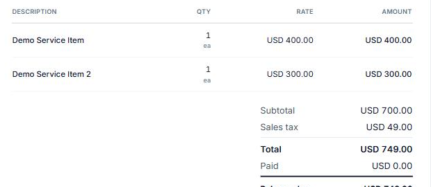 Line items and totals section of the printable Invoice layout