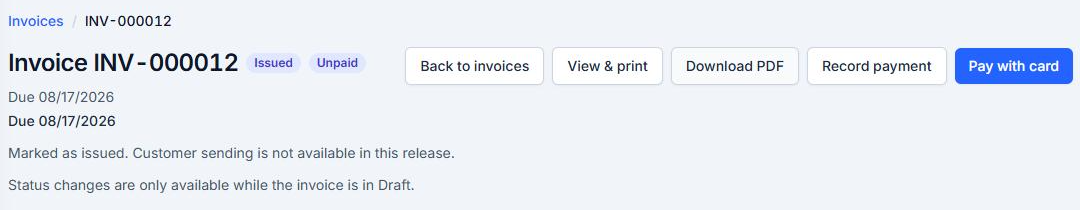 A synthetic Invoice in the Issued status showing next-action buttons and workflow boundary text