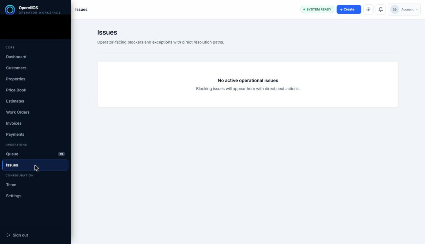 Issues page showing an empty state message reading No active operational issues