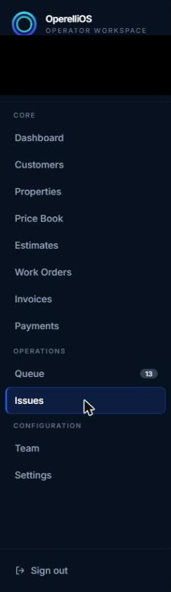 Sidebar Operations section showing Queue and Issues as the two review surfaces