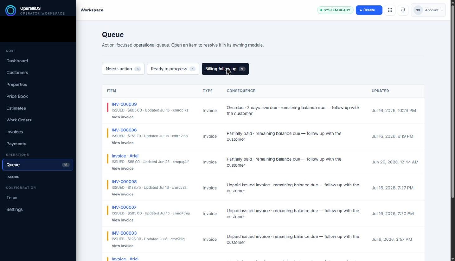Queue Billing follow up tab listing overdue and unpaid invoice items