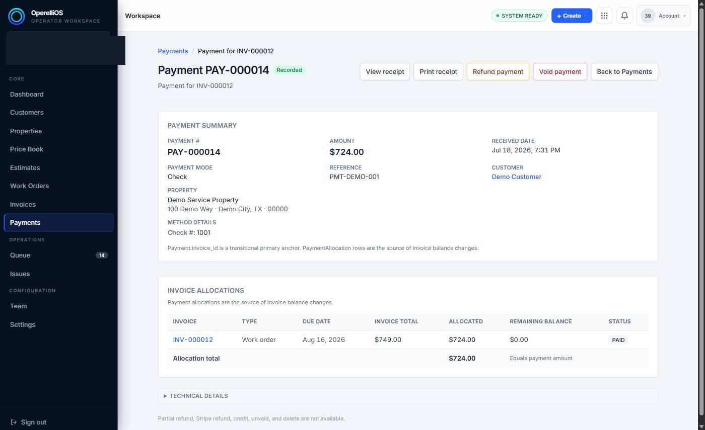 Detail view of a synthetic Payment Record showing amount, method, customer, and invoice allocation