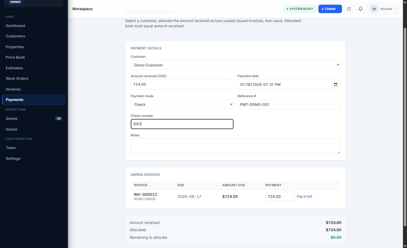 Record payment form filled with Check mode, amount allocated, and remaining to allocate at zero