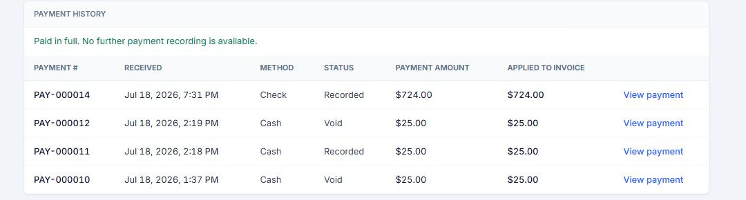 Invoice payment status area showing Paid after allocation