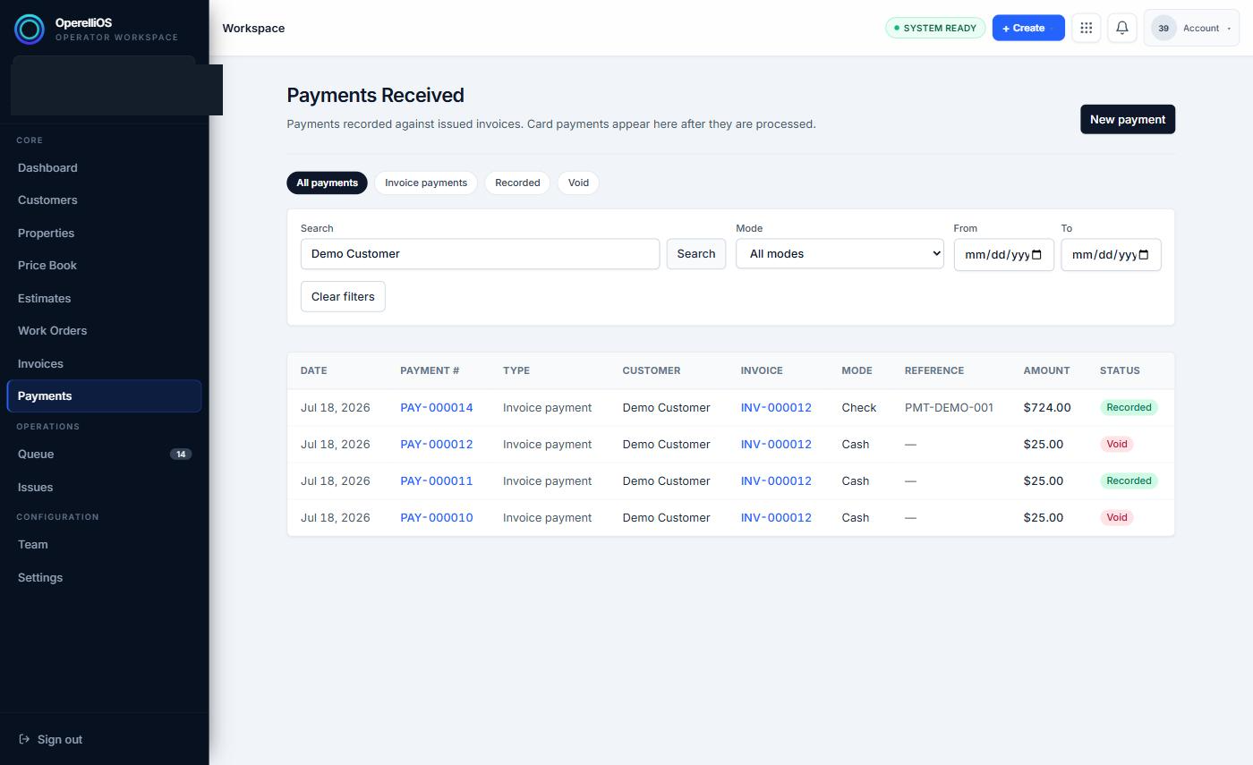 Payments Received list filtered by search to synthetic customer payment records