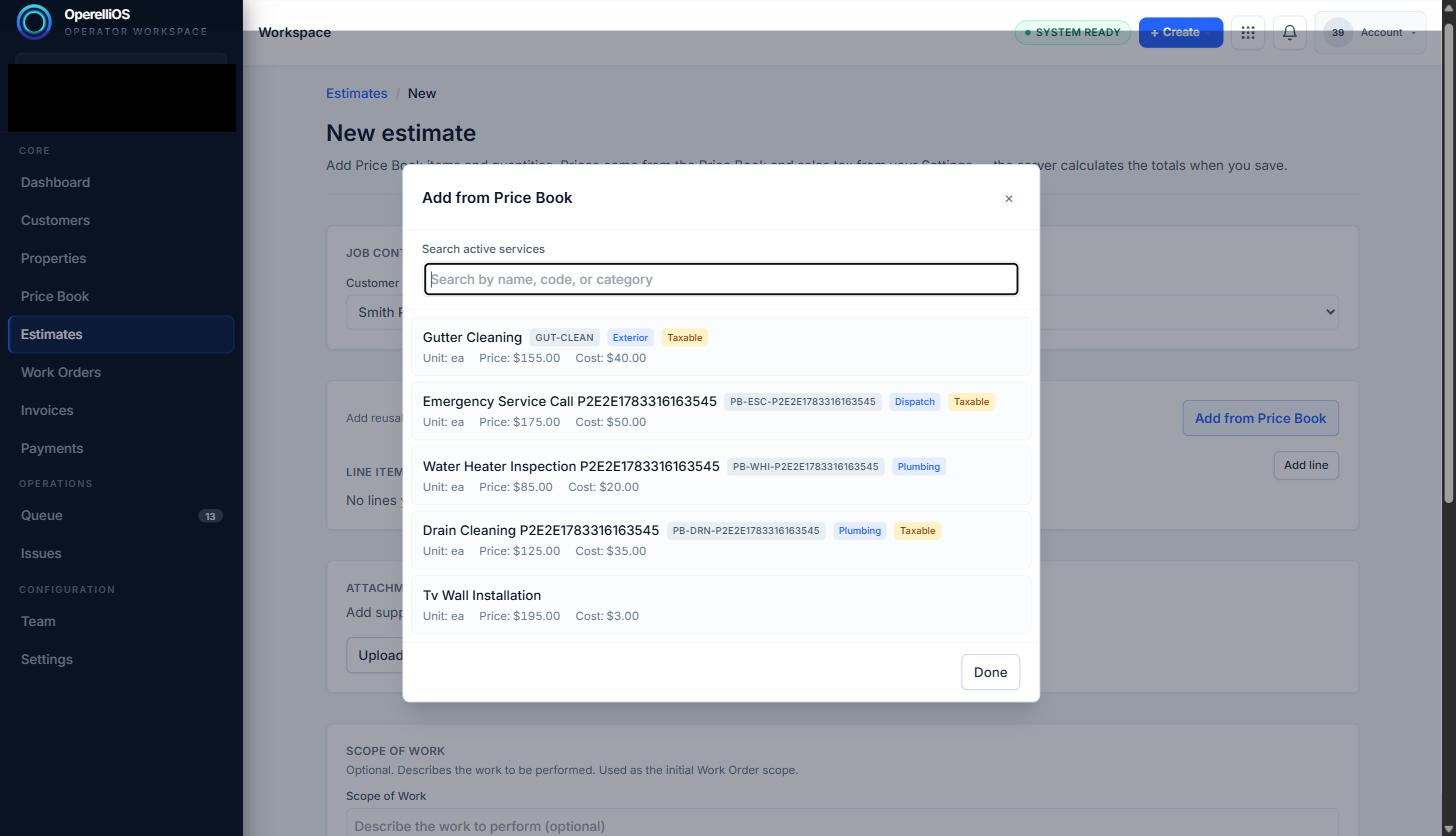 Add from Price Book modal listing active services with price and cost