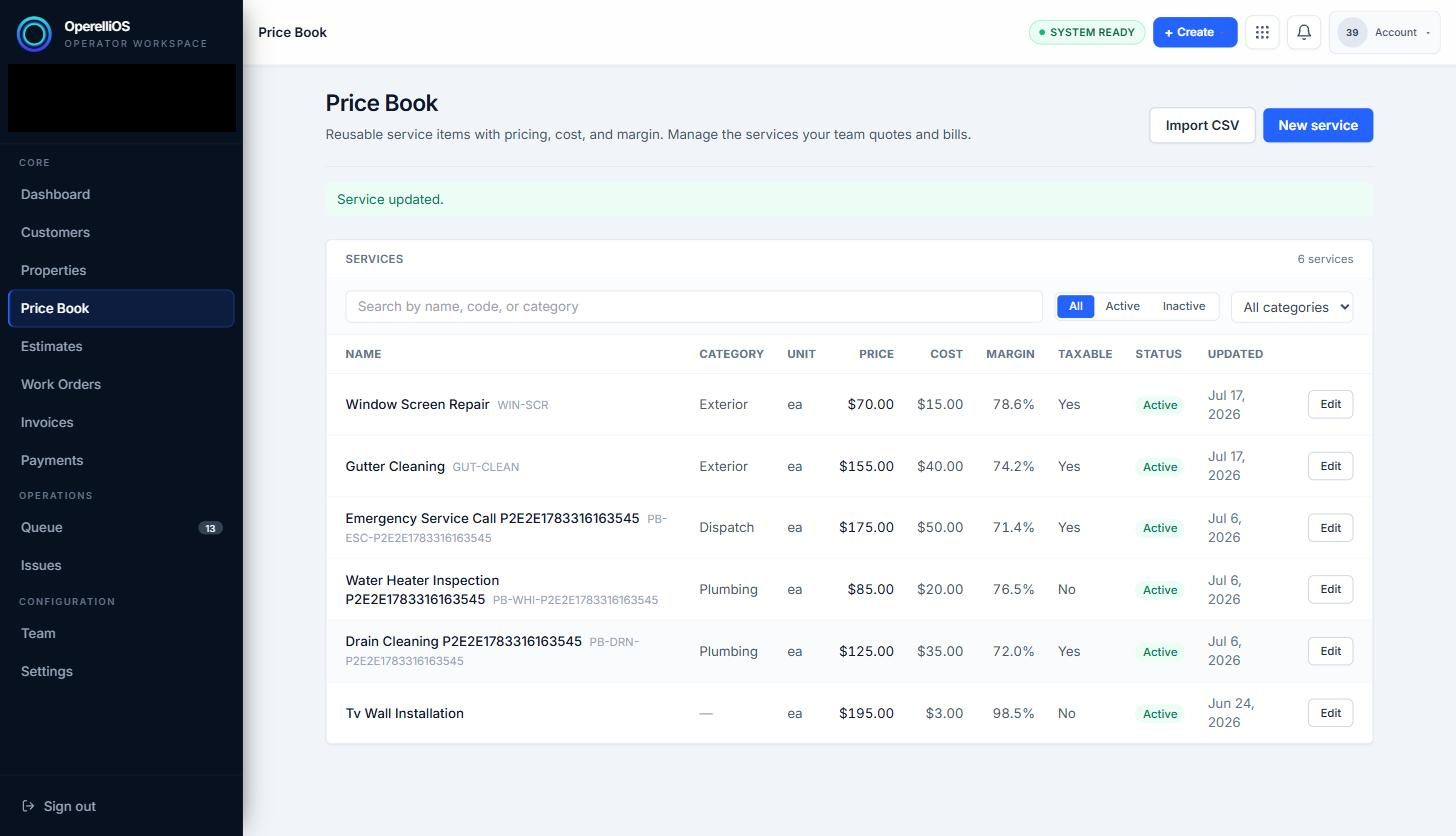 Price Book list showing confirmation after updating a service