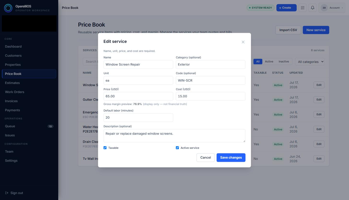 Edit service modal with existing item values pre-filled