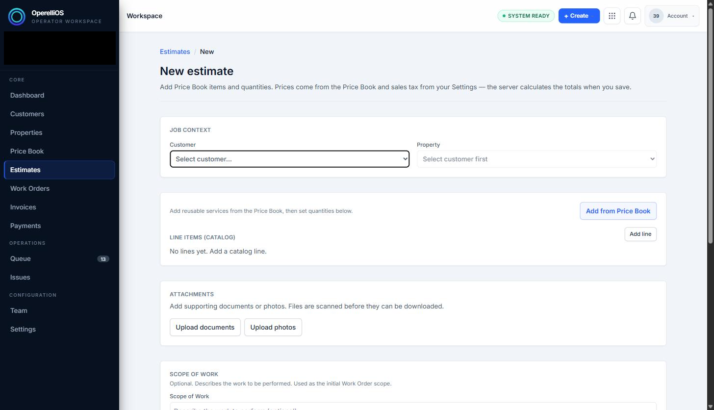 New estimate page with Job context section and Add from Price Book button