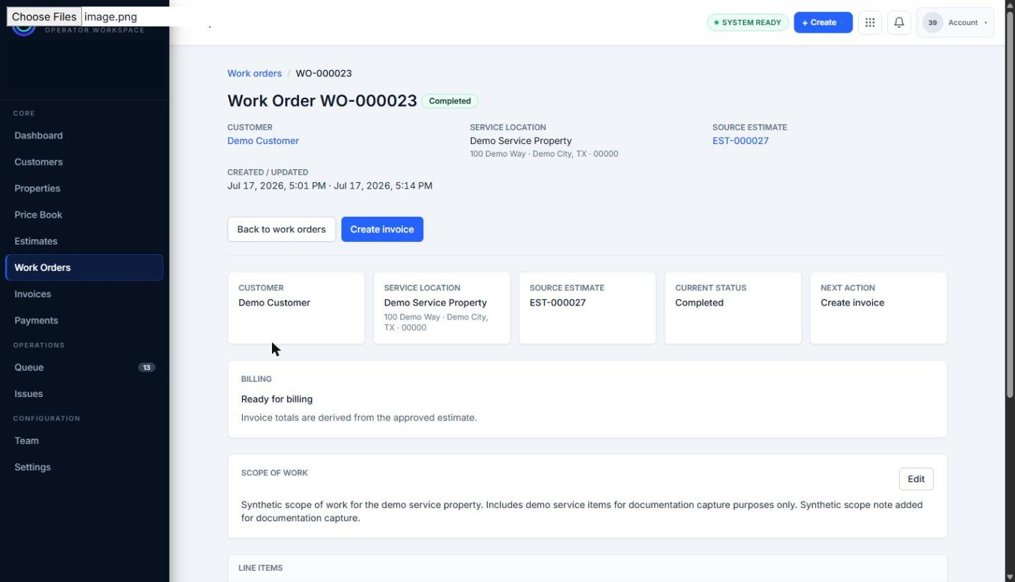 A synthetic Work Order shown in the Completed status after being marked complete