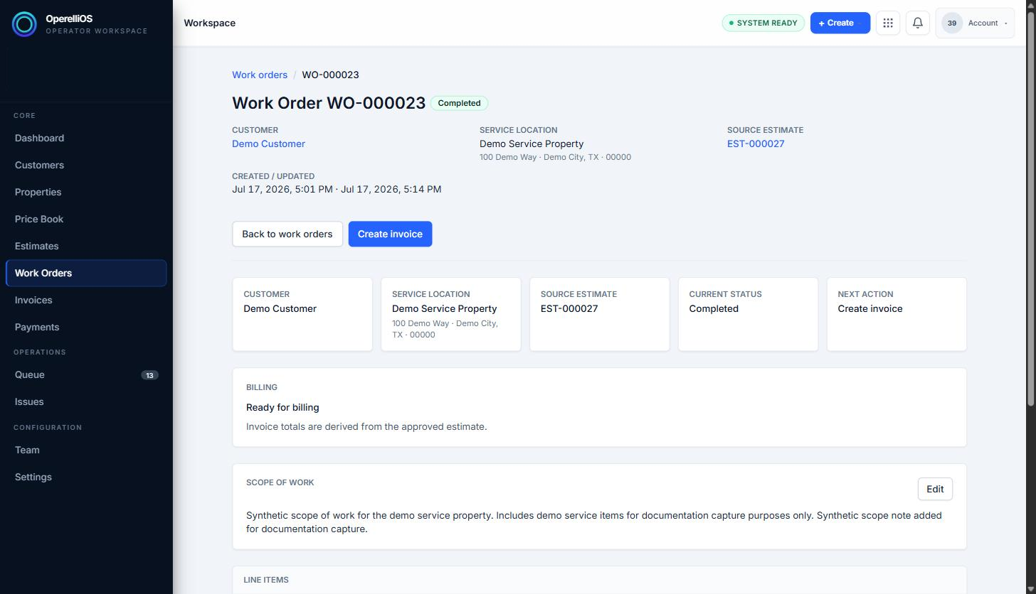 Detail view of a synthetic Work Order showing customer, property, source estimate, and status