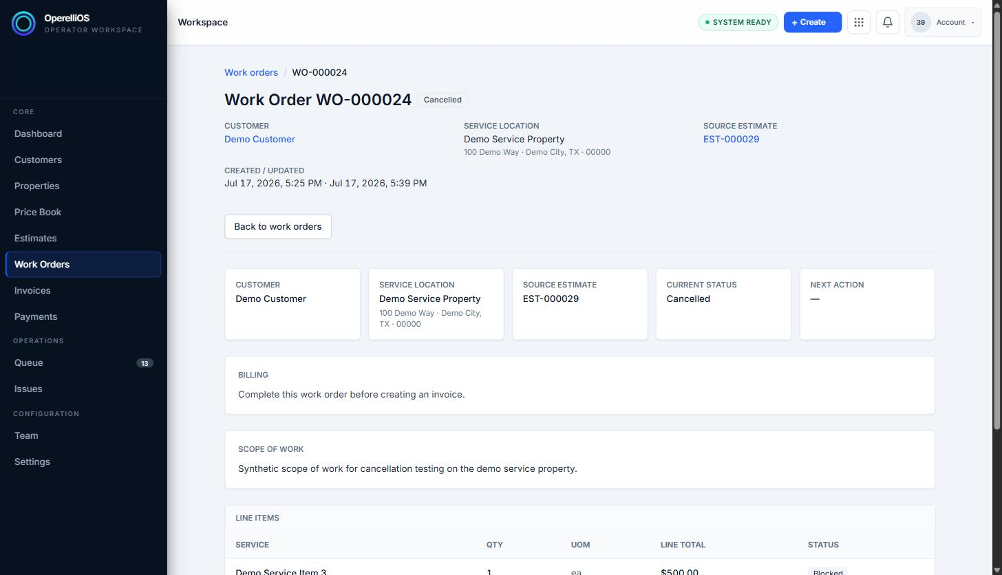 A synthetic Work Order shown in the Cancelled status