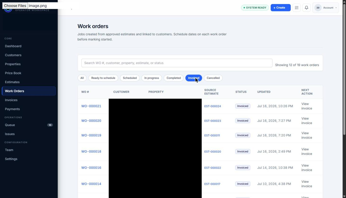 Work Orders list filtered to Invoiced status on existing records